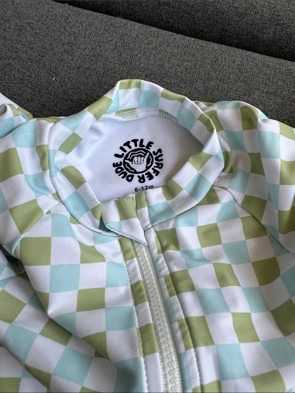 Long-Sleeve Checkered Kids One-Piece Swimsuit - Green/White